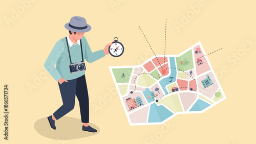 Adventurous Tourist Navigating City Streets With Map and Compass