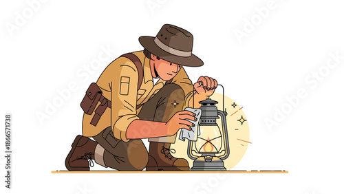 Archaeologist Cleans An Old Kerosene Lantern From Dust With Cloth