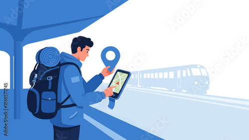 Adventurous Tourist Utilizing Mobile Navigation App During Rail Journey