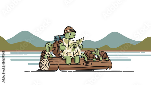 Adventurous Turtles Navigating Wilderness Together With Map On Floating Log