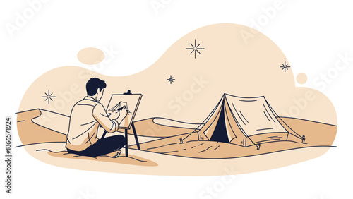 Artist Capturing Desert Camp Scene On Canvas Under The Stars Creative Expression