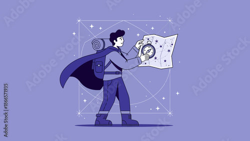 Adventurous Wanderer Navigating Wilderness With Map And Compass Stars Guiding Journey