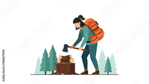 Adventurous Woman Chopping Wood Preparing For Cold Weather In The Forest