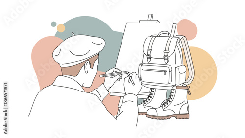 Artist In Studio Sketching Still Life Scene With Backpack And Boots