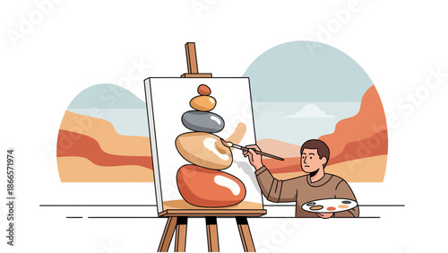 Artist Painting Serene Stacked Stones On Canvas In Artistic Studio Setting