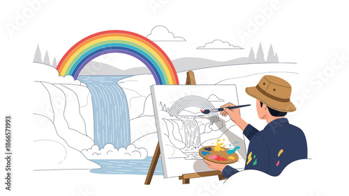Artist Paints Rainbow Waterfall Landscape On Canvas Capturing Serene Scenery Outdoors