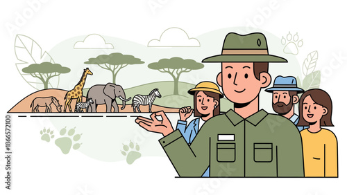 African Safari Wildlife Tour Guide Leading Group Through Savannah Landscape