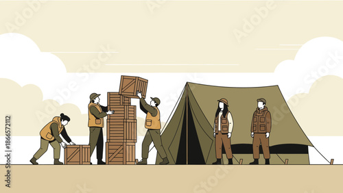 Aid Workers Constructing Base Camp, Stacking Supply Crates Near Tent
