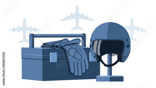Aircraft Pilot Aviation Toolbox With Helmet And Gloves Ready For Flight Design