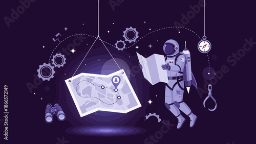 Astronaut Navigating Unknown Territory With Map In Space Exploration Concept