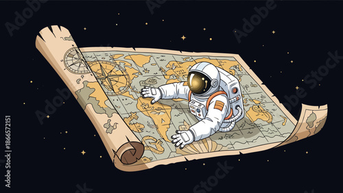 Astronaut Navigating The Cosmos With An Ancient World Map Illustration