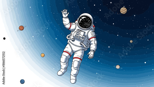 Astronaut In Outer Space Cartoon Floating Among Planets And Stars In Galaxy