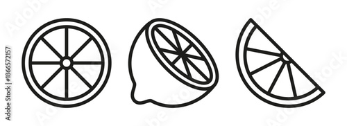 Lemon half and lemon slice icon set in outline style. Black and white line illustration isolated. Clean citrus food symbols.