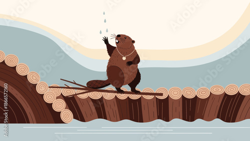 Amusing Cartoon Beaver Building a Dam in a Peaceful Mountain Landscape