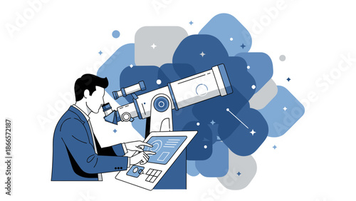 Astronomer Observing Distant Stars And Planets Through A Modern Digital Telescope