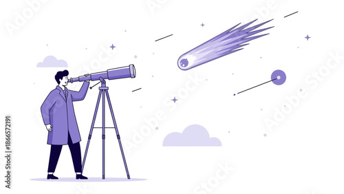 Astronomer Observing Comet Through Telescope In Space With Stars And Clouds