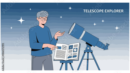 Astronomer Observing Stars Studying With Telescope and Manual Guide Book
