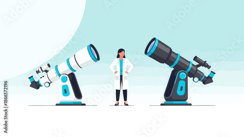 Astronomer Stands Tall Between Two Telescopes Under The Vast Blue Sky