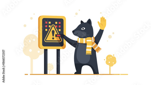 Animal Crossing Roadside Hazard Control With Cautionary Signs In Fall Scenery