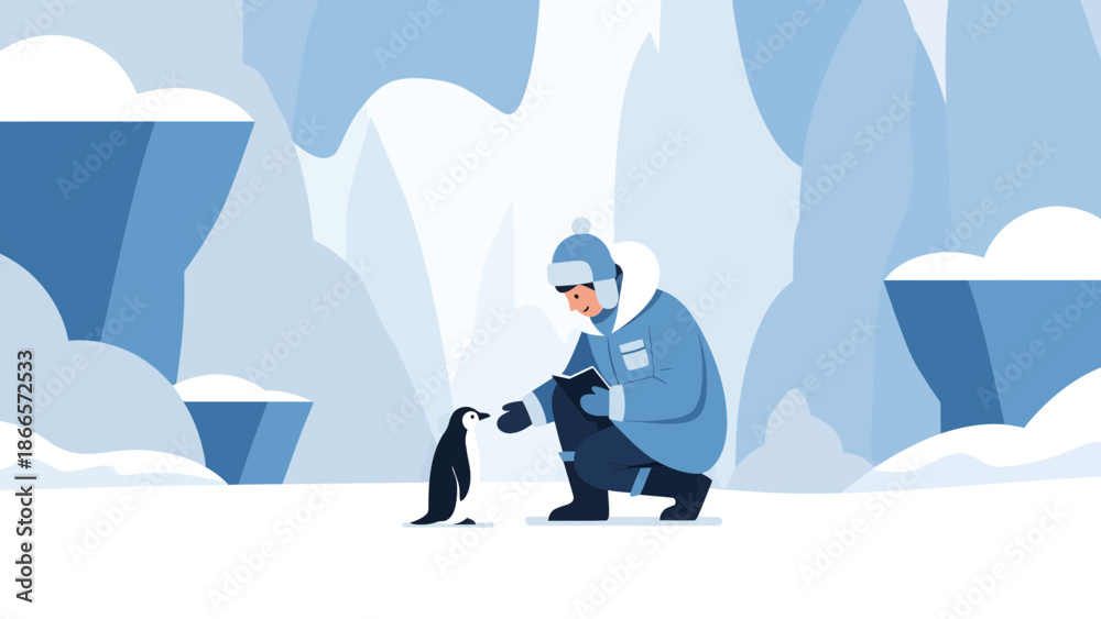 Fototapeta premium Antarctic Encounter Man and Penguin Interaction in Icy Landscape