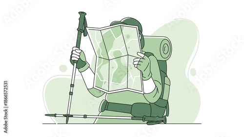 Backpacker Inspecting Topographic Map During Solo Hiking Trip Adventure Pursuit