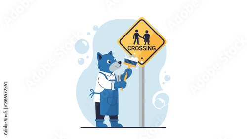 Anthropomorphic Animal Cleaning Sign Depicting Couple Safety Awareness Illustration