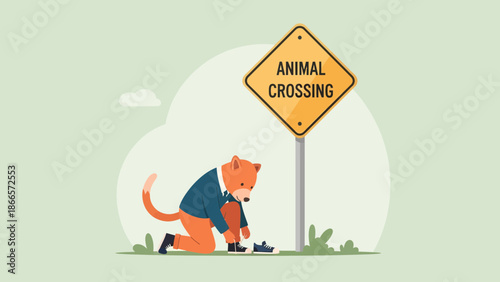 Anthropomorphic Fox Tying Shoelaces By Animal Crossing Sign Illustration