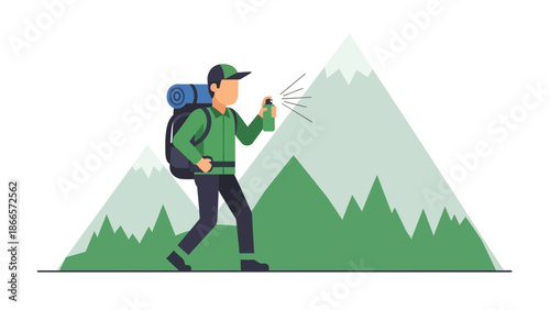 Backpacker Using Insect Repellent On A Hiking Trip Near Mountains