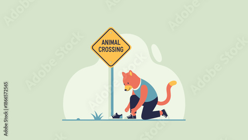 Anthropomorphic Fox Preparing To Run Near Animal Crossing Road Sign Illustration