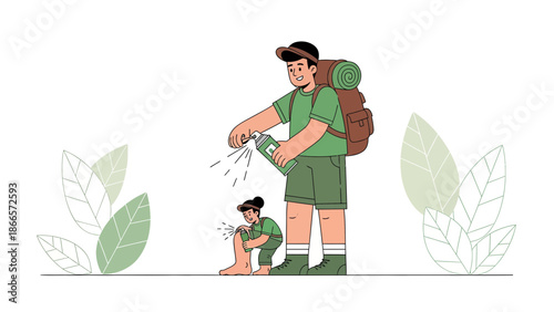 Backpackers Protecting Themselves From Insects With Bug Spray During Adventure