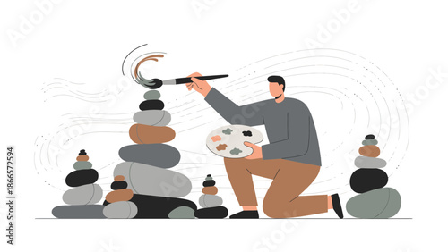 Balance And Harmony Creative Vision Man Painting Stone Structures In Serene Style