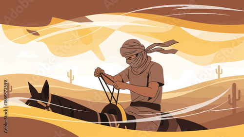 Arabian Desert Rider Horseman Traveling Expedition Vector Illustration