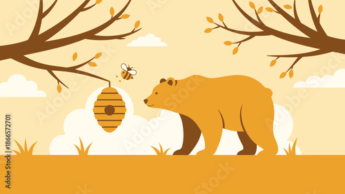 Bear And Bee Near The Honeycomb In Forest Background Illustration