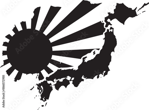 Japan map with rising sun rays in bold black silhouette