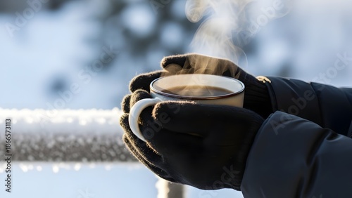 Warm hands cradling steaming cup of coffee on a cold winter day outdoors
