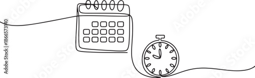 Continuous one single line drawing of calendar and clock icon. one line Art icon drawing