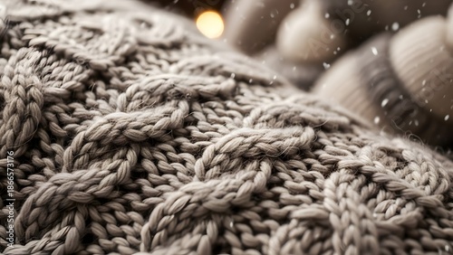 Cozy beige knitwear with intricate cable pattern in snowfall