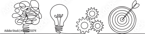 Continuous one line drawing of Chaos, light bulb, gears and dart board. one line Art icon drawing