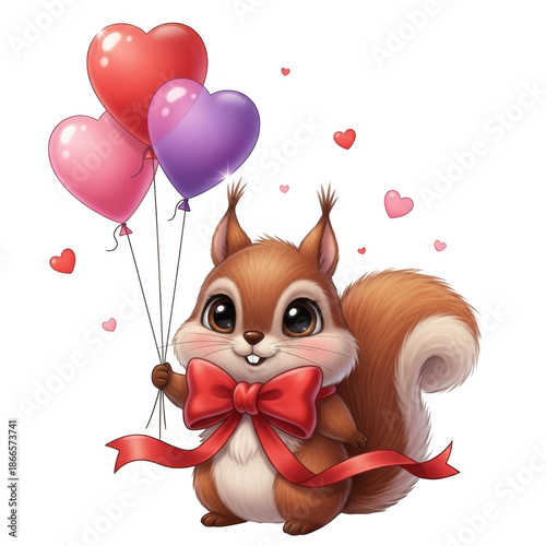 Squirrel holding heart balloons isolated on transparent background
