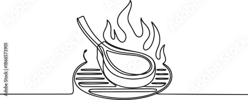 Continuous one line drawing of tomahawk steak grill bbq concept in silhouette on a white background. one line Art icon drawing