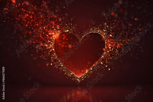 Rich Red Background with Glowing Heart Outlines and Soft Sparkles