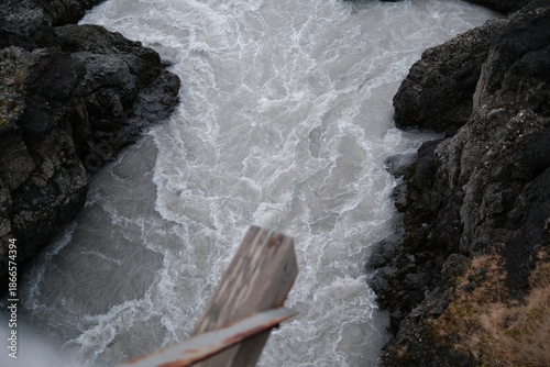icelandic river gorge, barnafoss, the view from the bridge