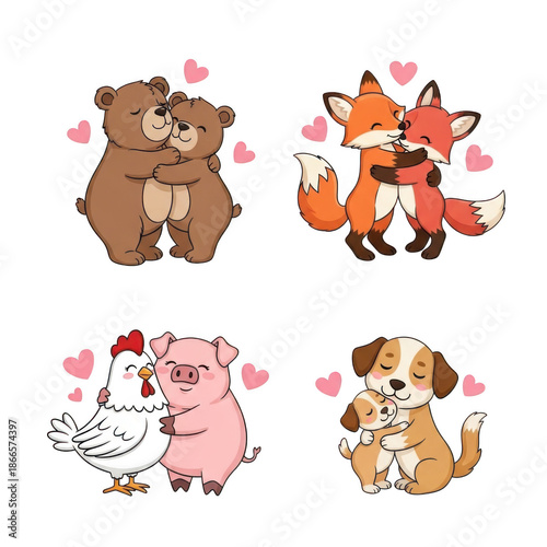 Affectionate animal pairs isolated on transparent background