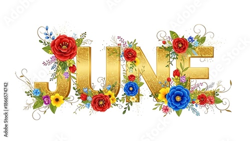 Title: Golden lettering with the word june adorned with colorful flowers and floral decorations text