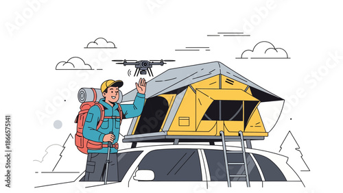 Adventurous Explorer Enjoying Car Top Tent Camping And Controlling Drone