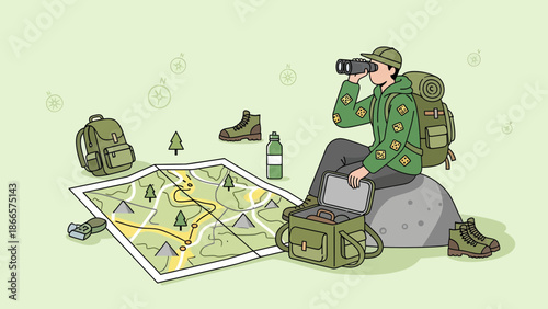 Adventurous Explorer Planning Wilderness Expedition With Binoculars And Detailed Map