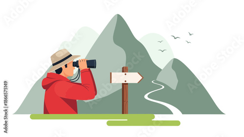 Adventurous Explorer Gazing at Mountain Peaks with Binoculars Discovery