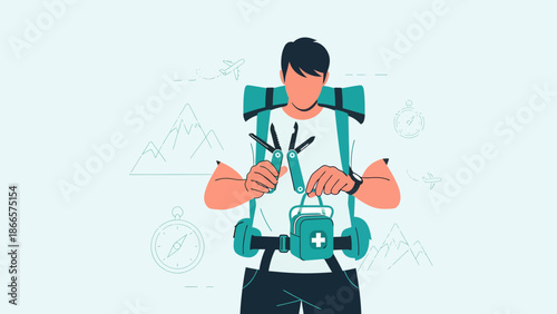 Adventurous Explorer Preparing With First Aid Kit And Multifunctional Knife For Outdoor Adventure