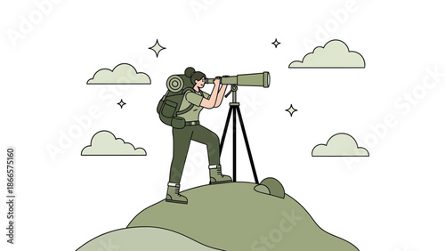 Adventurous Explorer Woman Watching With Telescope Over Distant Lands Scenery