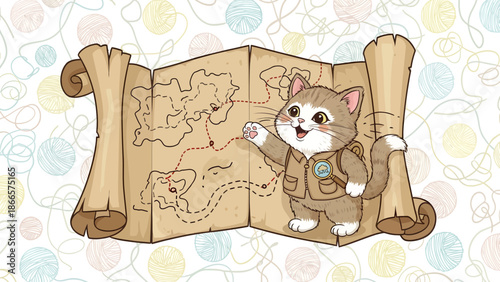Adventurous Feline Explores Ancient Treasure Map Surrounded By Colorful Yarn Balls